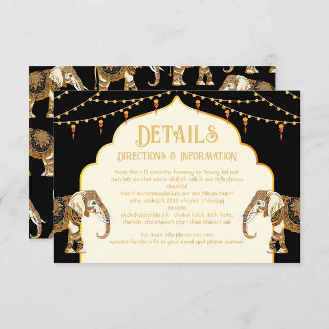 Indian Elephant lights Wedding Details info card (Front/Back)