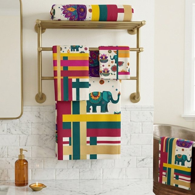 Indian Elephant Peacock Colourful Geometric Bath Towel Set (Bath towel set featuring a fusion of traditional Indian motifs and modern design)