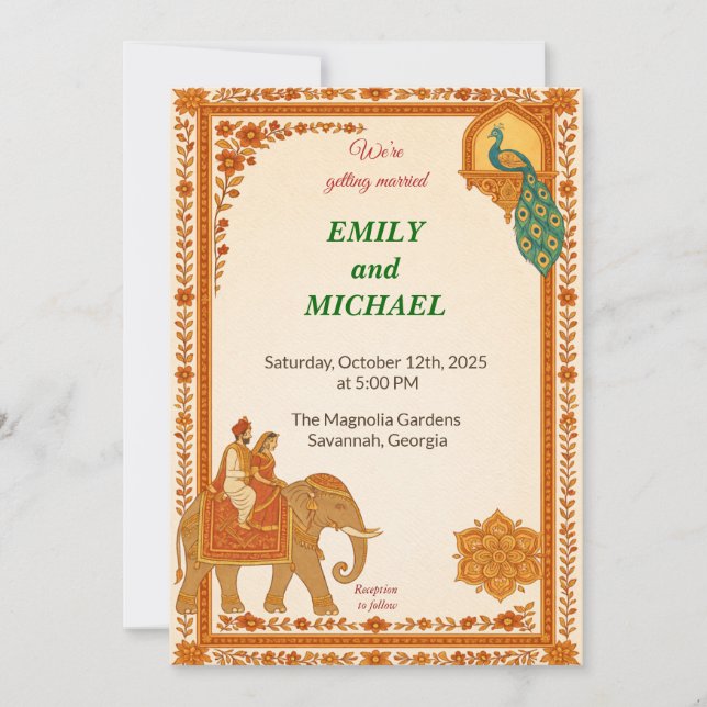 Indian Elephant & Peacock Floral Wedding Invitatio Invitation (Front)