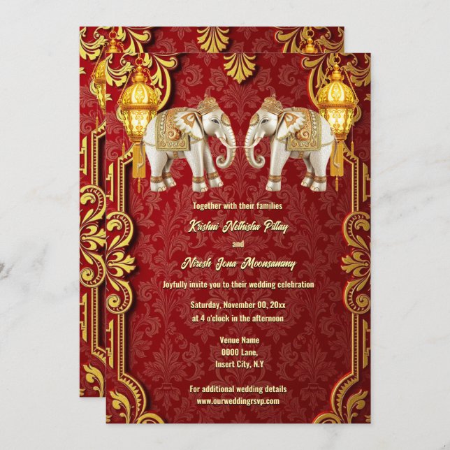 Indian elephants burgundy gold lanterns Hindi chic Invitation (Front/Back)