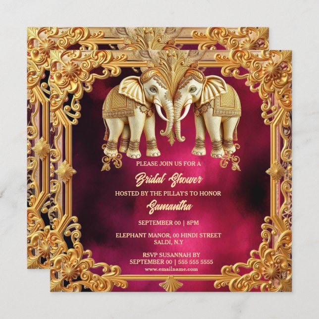 Indian elephants fuchsia gold ornate bridal shower holiday card (Front/Back)