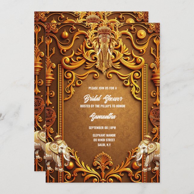 Indian elephants gold traditional Hindu bridal  Invitation (Front/Back)
