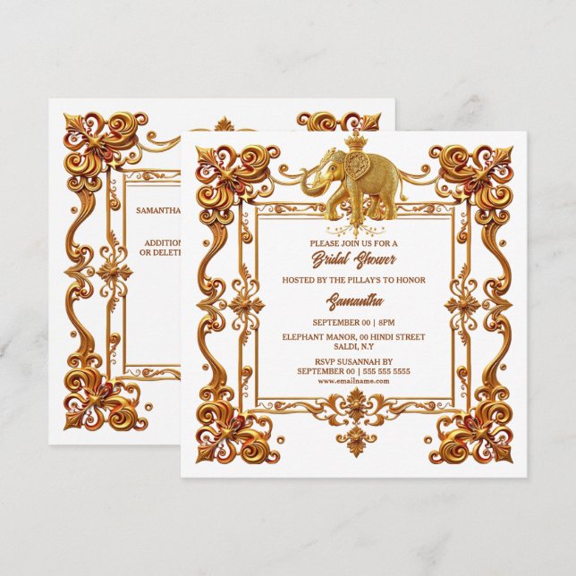 Indian elephants gold white ornate bridal shower holiday card (Front/Back)