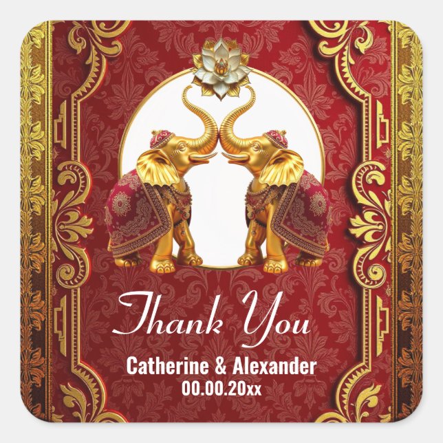 Indian elephants Hindi lotus flower burgundy white Square Sticker (Front)