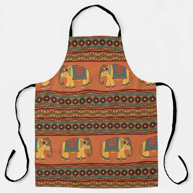 Indian Elephants, Orange Traditional Seamless. Apron (Front)