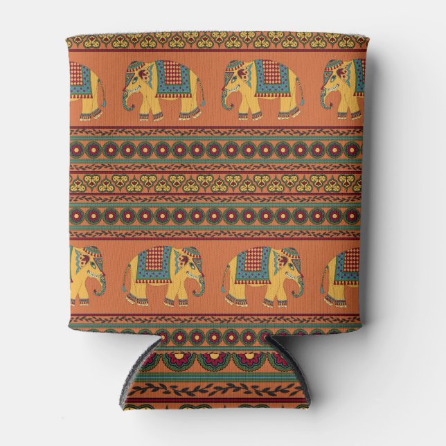 Indian Elephants, Orange Traditional Seamless. Can Cooler (Front)