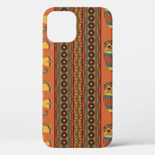 Indian Elephants, Orange Traditional Seamless. iPhone 12 Case