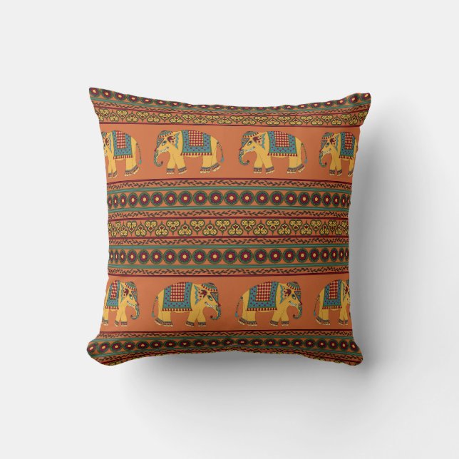 Indian Elephants, Orange Traditional Seamless. Cushion (Front)
