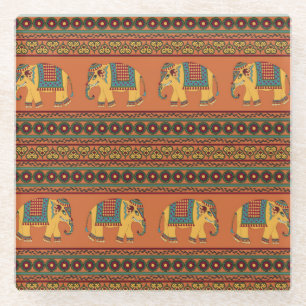 Indian Elephants, Orange Traditional Seamless. Glass Coaster