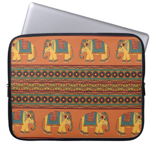 Indian Elephants, Orange Traditional Seamless. Laptop Sleeve