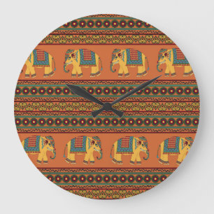 Indian Elephants, Orange Traditional Seamless. Large Clock