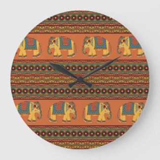Indian Elephants, Orange Traditional Seamless. Large Clock