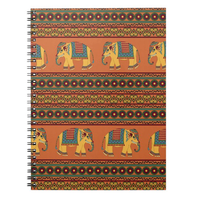 Indian Elephants, Orange Traditional Seamless. Notebook (Front)