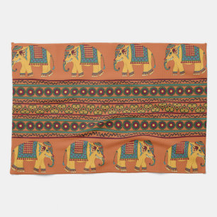 Indian Elephants, Orange Traditional Seamless. Tea Towel