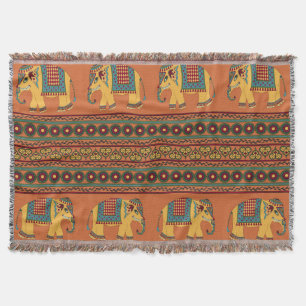 Indian Elephants, Orange Traditional Seamless. Throw Blanket