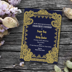 Indian Engagement Ceremony Intricate Design Blue Invitation