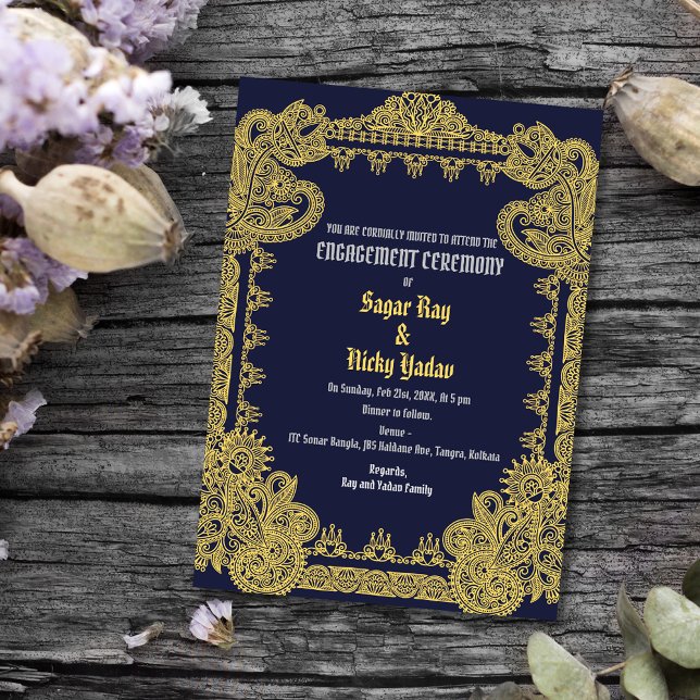 Indian Engagement Ceremony Intricate Design Blue Invitation (Creator Uploaded)