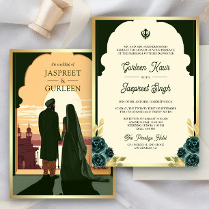 Indian Ethnic Dark Green Anand Karaj Sikh Wedding Invitation