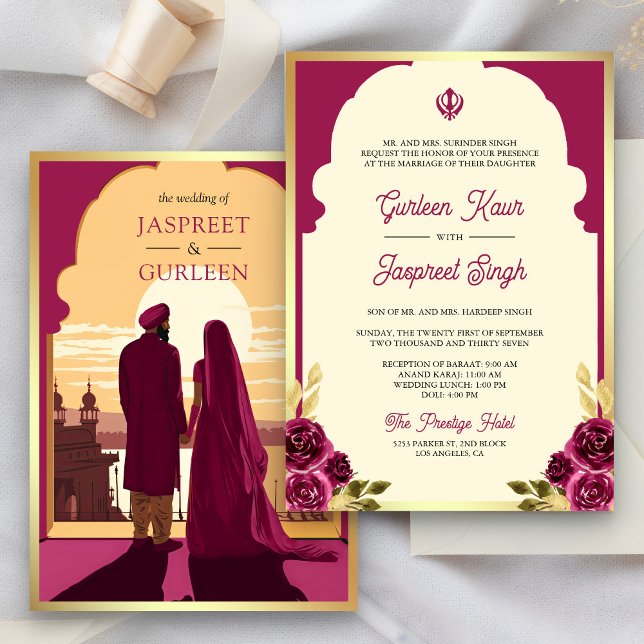 Indian Ethnic Magenta Anand Karaj Sikh Wedding Invitation (Creator Uploaded)