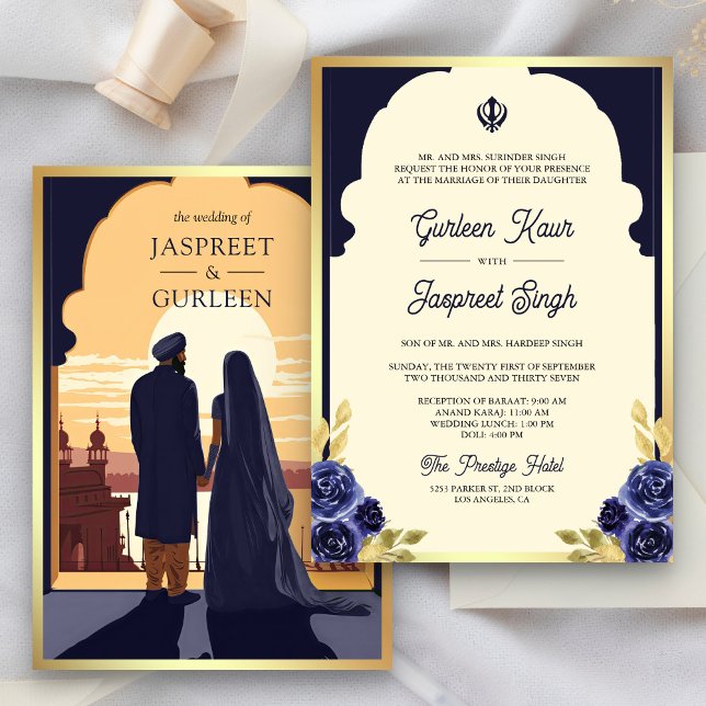 Indian Ethnic Navy Blue Anand Karaj Sikh Wedding Invitation (Creator Uploaded)