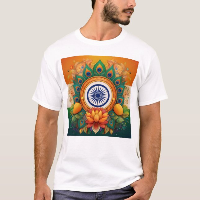 Indian Flag with Lotus and Peacock Feathers T-Shirt (Front)