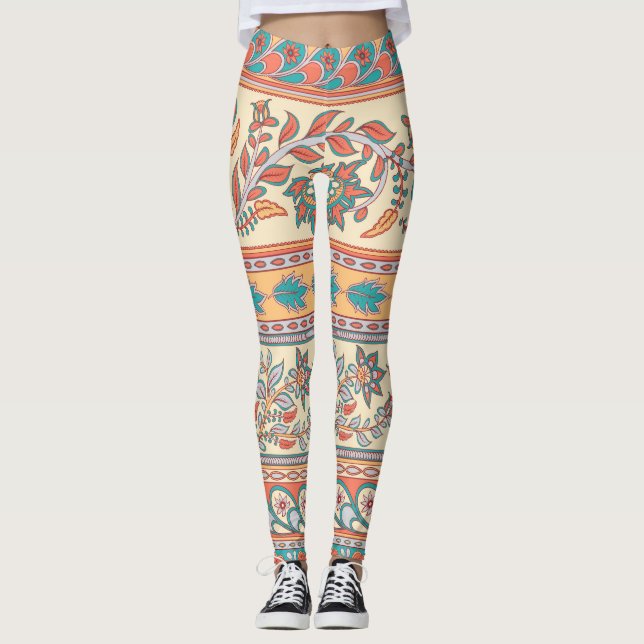 Indian Floral Borders Seamless Pattern Leggings (Front)