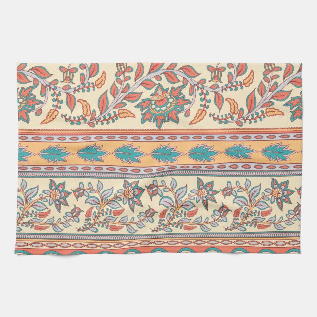 Indian Floral Borders Seamless Pattern Tea Towel (Horizontal)