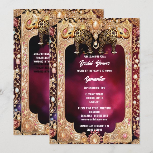 Indian floral elephants Hindu royal gems bridal  Invitation (Front/Back)