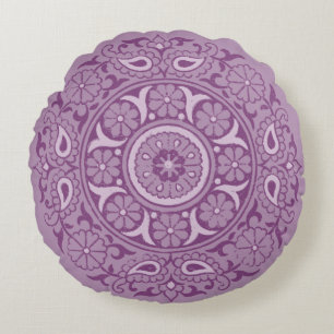  Indian Floral Motif - Lavender and Purple Round Cushion