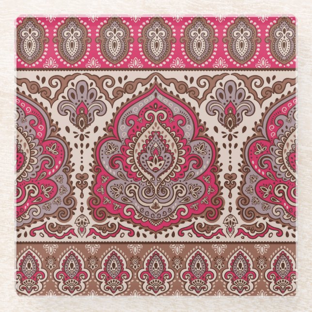 Indian floral paisley, ethnic mandala pattern. glass coaster (Front)