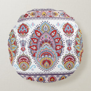Indian floral paisley medallion pattern. Ethnic Ma Round Cushion