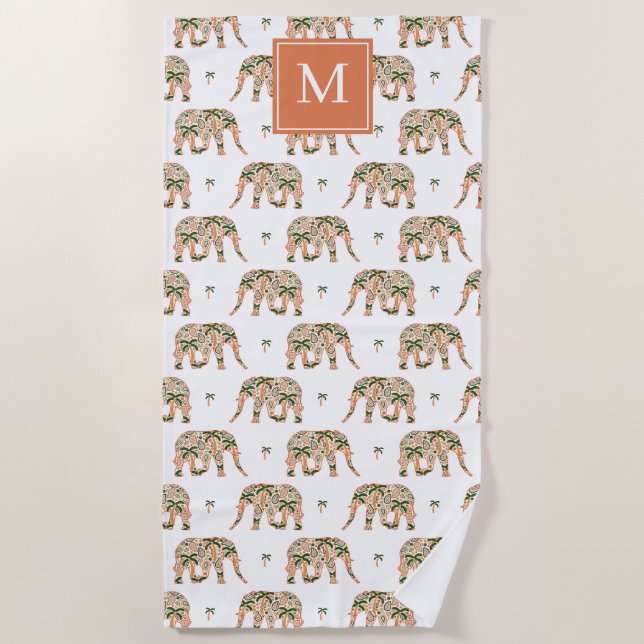 Indian Floral Paisley Ornate Elephants Monogrammed Beach Towel (Front)