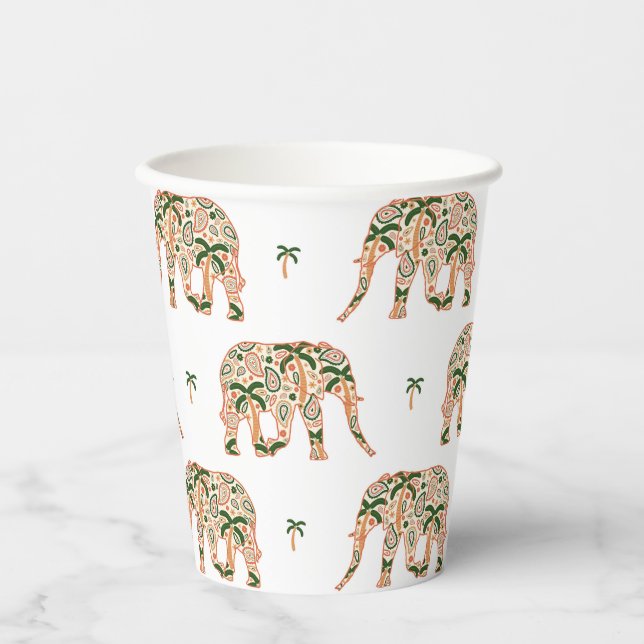 Indian Floral Paisley Ornate Elephants Paper Cups (Front)