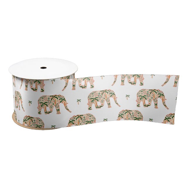 Indian Floral Paisley Ornate Elephants Satin Ribbon (Spool)