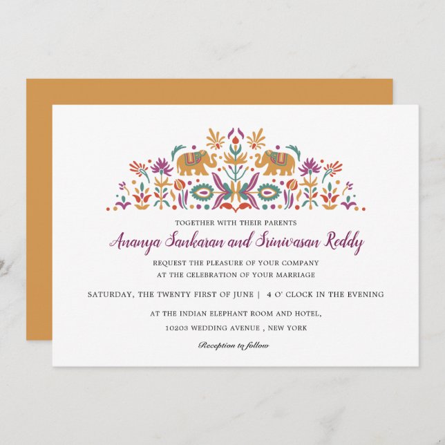 Indian Flower Elephant Mustard Yellow wedding Invitation (Front/Back)