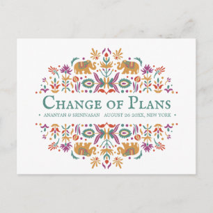 Indian Flower  Elephant Wedding CHANGE OF PLANS Announcement Postcard