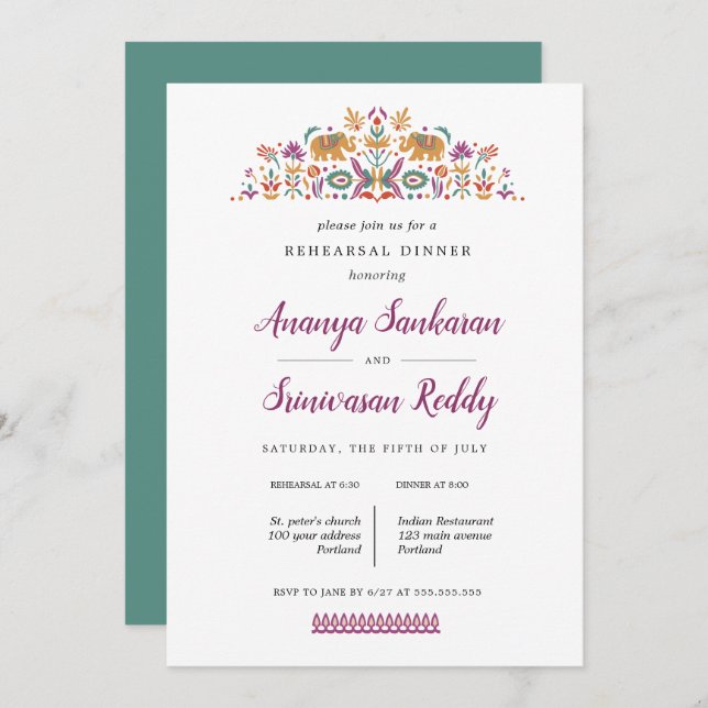 Indian Flower Elephant wedding  Rehearsal Dinner Invitation (Front/Back)