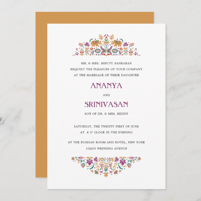 Indian Flower Mustard  Elephant Formal Wedding Invitation (Front/Back)