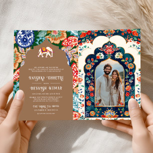 Indian Folk Art Elephant Beige Wedding Invitation