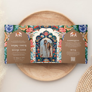 Indian Folk Art Elephant Beige Wedding Tri-Fold Invitation