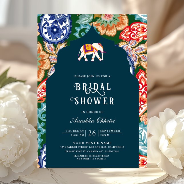 Indian Folk Art Elephant Dark Blue Bridal Shower Invitation (Creator Uploaded)