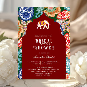 Indian Folk Art Elephant Dark Red Bridal Shower Invitation