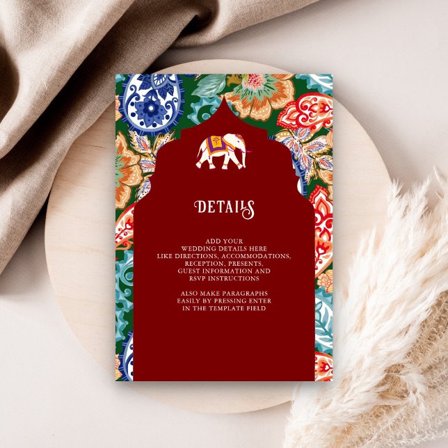 Indian Folk Art Elephant Dark Red Wedding Details Enclosure Card (Creator Uploaded)