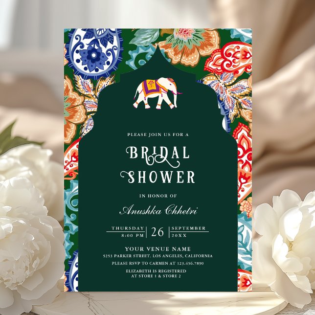 Indian Folk Art Elephant Emerald Bridal Shower Invitation (Creator Uploaded)