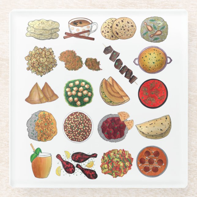 Indian Foods Dishes Cuisine of India Illustration Glass Coaster (Front)