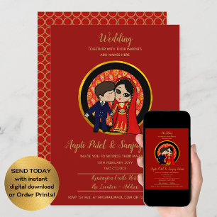 Indian Fusion Wedding Western Groom Cute Cartoon Invitation