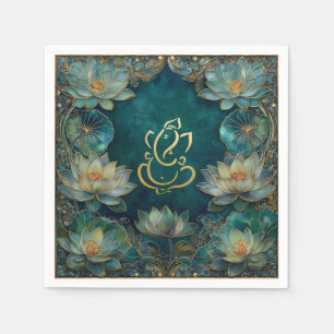 Indian Ganesh Green Gold Traditional Lotus Wedding Napkin