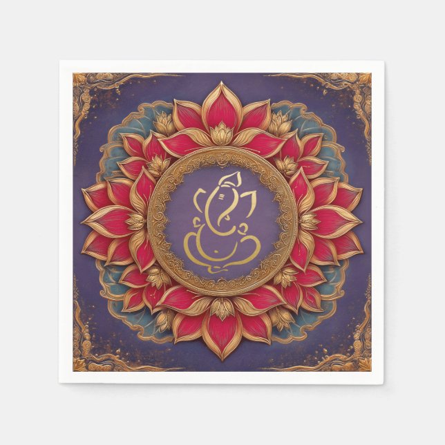 Indian Ganesh Purple Traditional Lotus Wedding Napkin (Front)