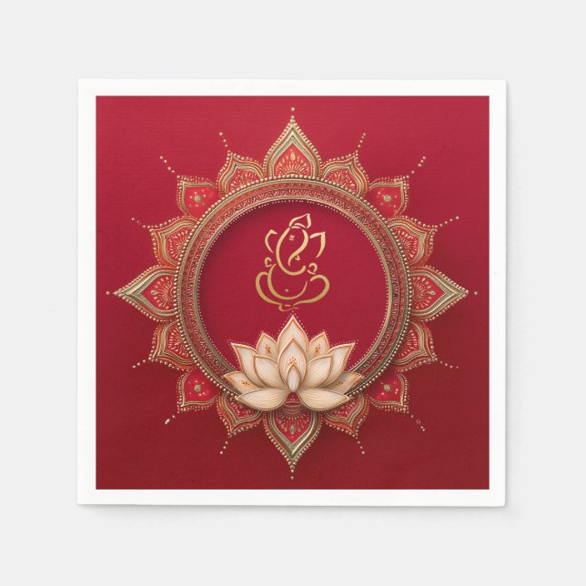 Indian Ganesh Red Traditional Lotus Wedding Napkin (Front)