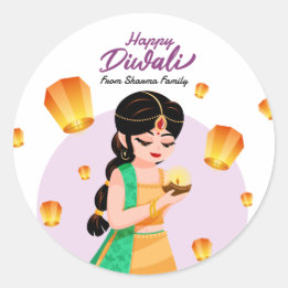 Indian Girl with Floating Lanterns Happy Diwali Classic Round Sticker